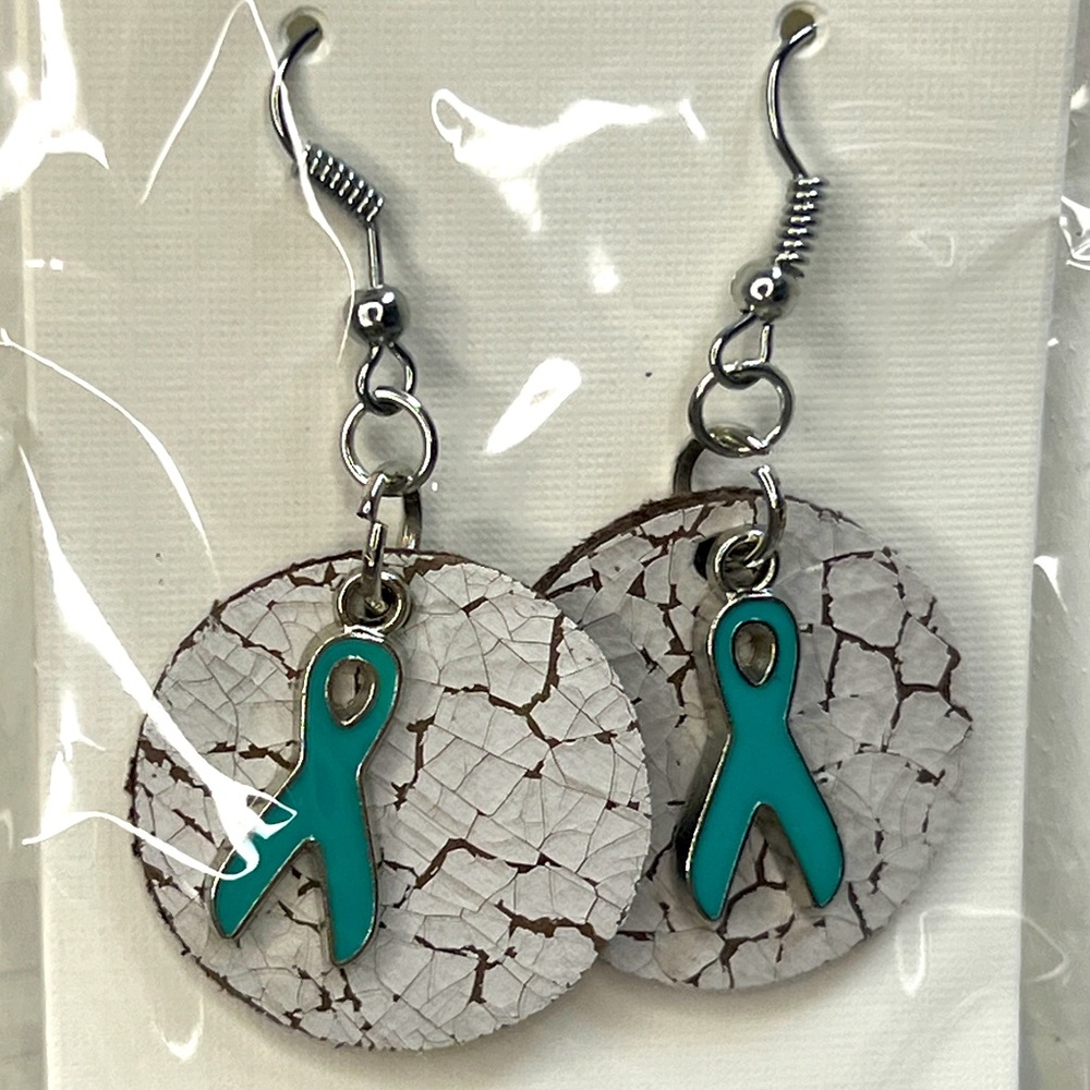 1” Round Leather and Teal ribbon charm.